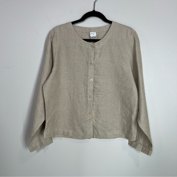 EILEEN FISHER Natural Short Round Neck Button Front Lightweight Jacket - Picture 2 of 14